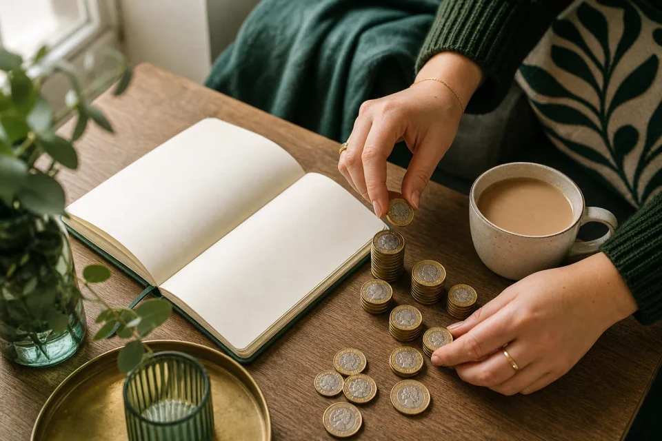 Hands sorting pound coins beside a notebook on a wooden table