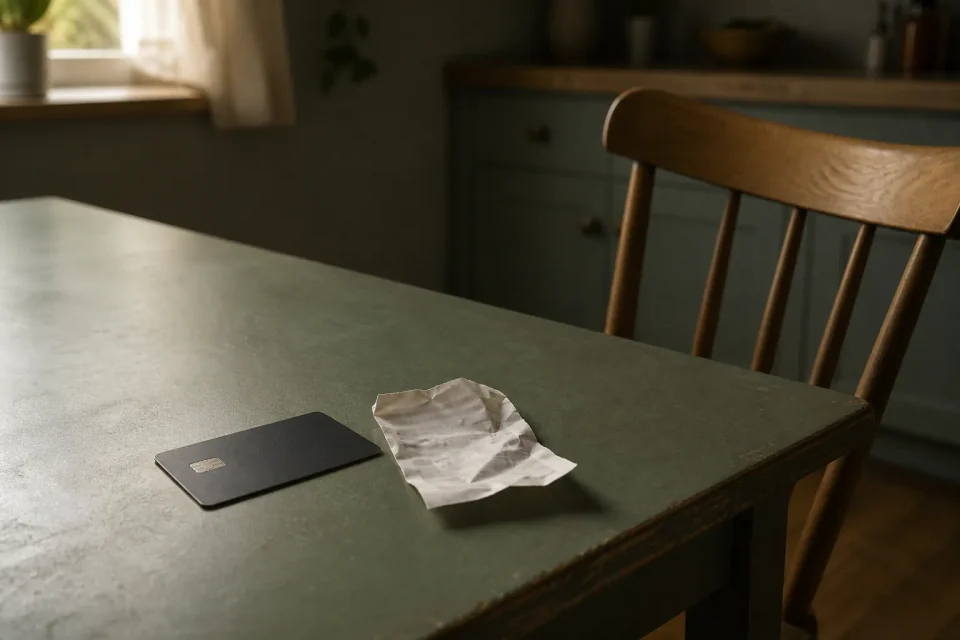 Credit card and receipt on a kitchen table