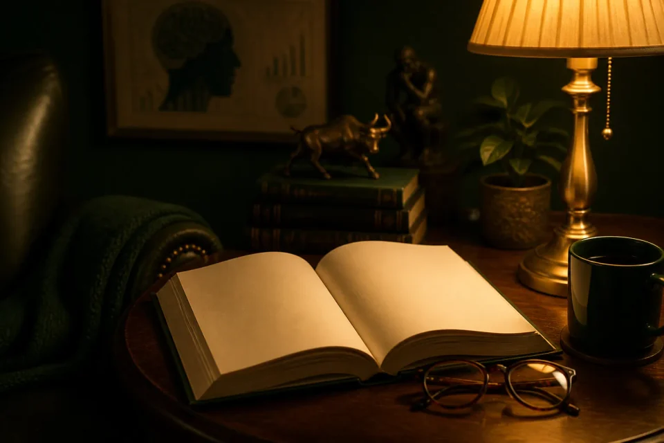 Open book with reading glasses under a warm lamp