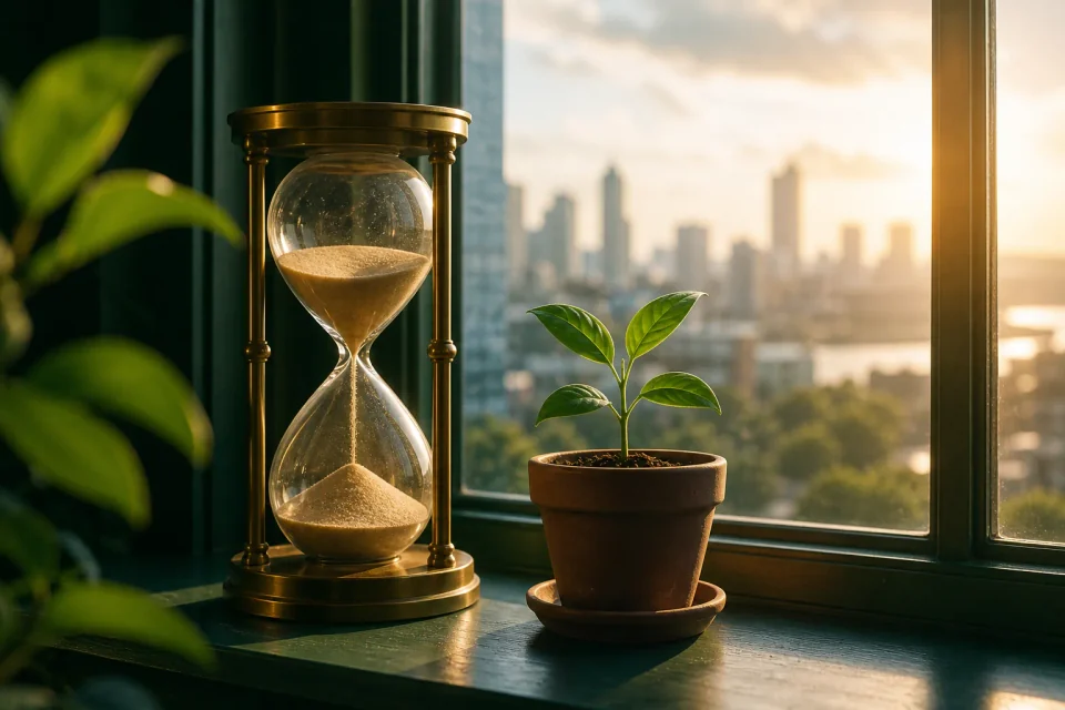 Hourglass and plant on a windowsill in morning light