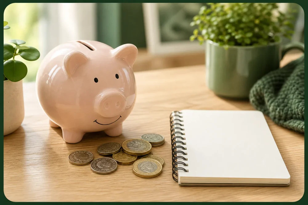 Piggy bank and coins on a desk suggesting money practice