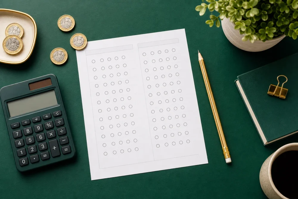 Notebook, coins and calculator mood for money quiz