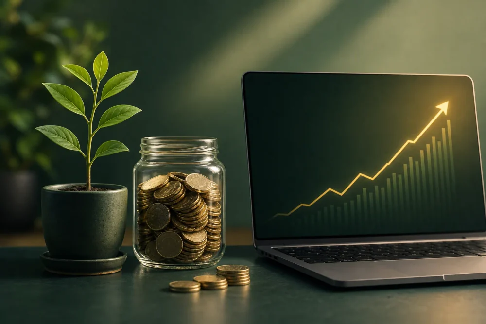 Rising chart and plant growth for investing quiz